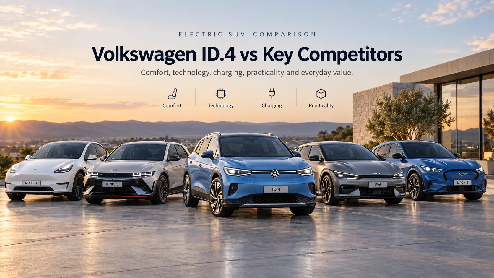 Volkswagen ID.4 compared with Tesla Model Y, Hyundai IONIQ 5, Kia EV6 and Ford Mustang Mach-E