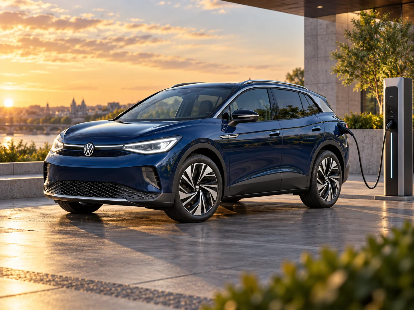 Volkswagen ID.4 connected to an EV charging station