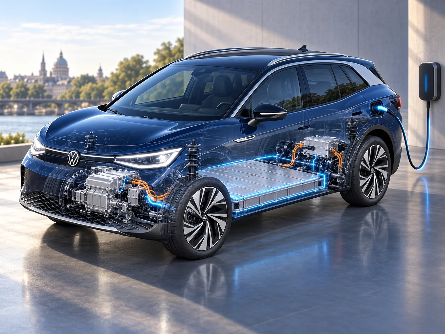 Illustration of Volkswagen ID.4 battery and electric drivetrain technology