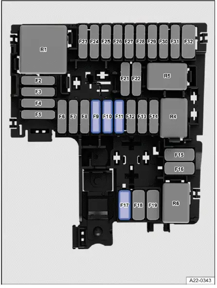 Volkswagen ID.4 fuse layout diagram in hood space showing fuse positions and ratings