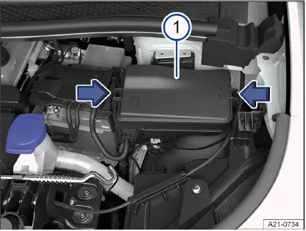 Volkswagen ID.4 fuse box location in hood space with cover and latch positions