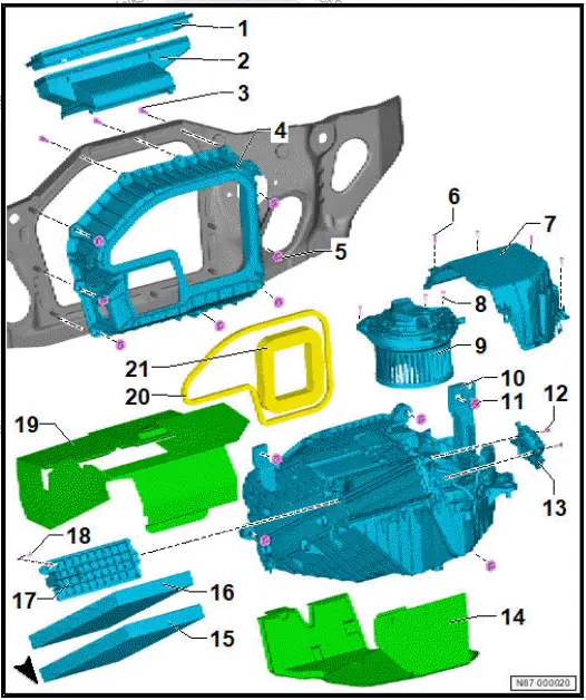Volkswagen ID.4. Assembly overview - air intake box of heater and air conditioning unit