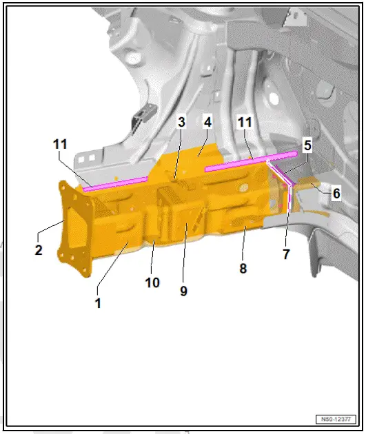Volkswagen ID.4. Assembly overview - front right longitudinal member, part section (second separating cut)