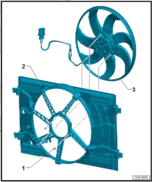 Volkswagen ID.4. Assembly overview - radiator cowl and radiator fan