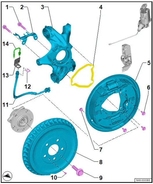 Volkswagen ID.4. Assembly overview - rear brake, drum brake version