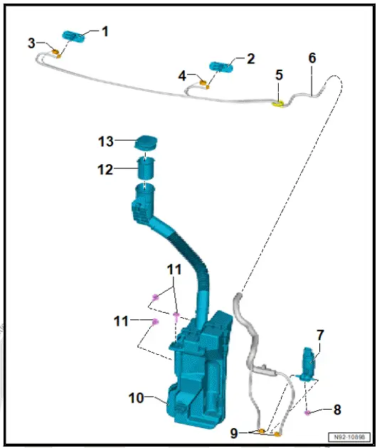 Volkswagen ID.4. Assembly overview - windscreen washer system 