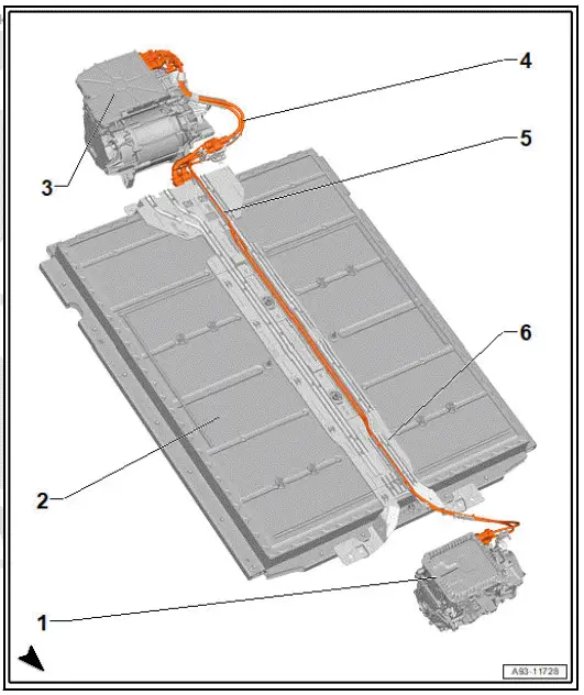 Volkswagen ID.4.  Overview of fitting locations - high-voltage wiring, electric drive control units, high-voltage battery
