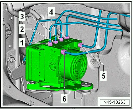 Volkswagen ID.4. Connecting brake lines to hydraulic unit, left-hand drive vehicles