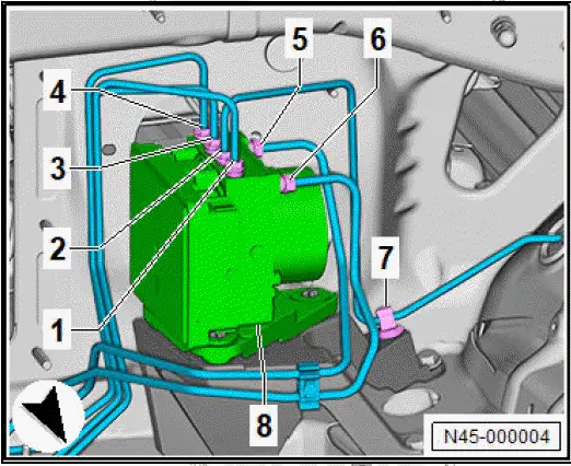 Volkswagen ID.4. Connecting brake lines to hydraulic unit, right-hand drive vehicles
