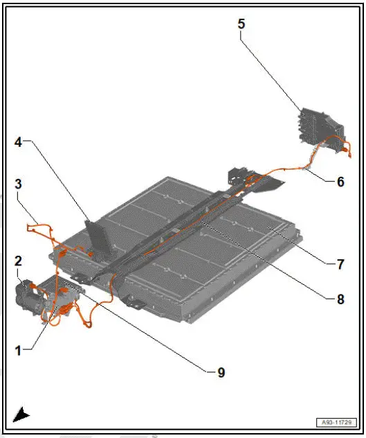 Volkswagen ID.4. Overview of fitting locations - high-voltage wires, voltage converter, high-voltage heater, air conditioner compressor, rear-wheel drive