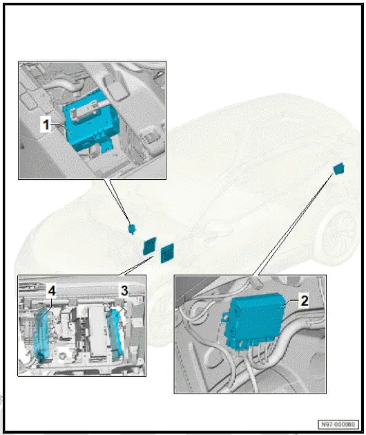 Volkswagen ID.4. Overview of fitting locations - control units, right-hand drive vehicles