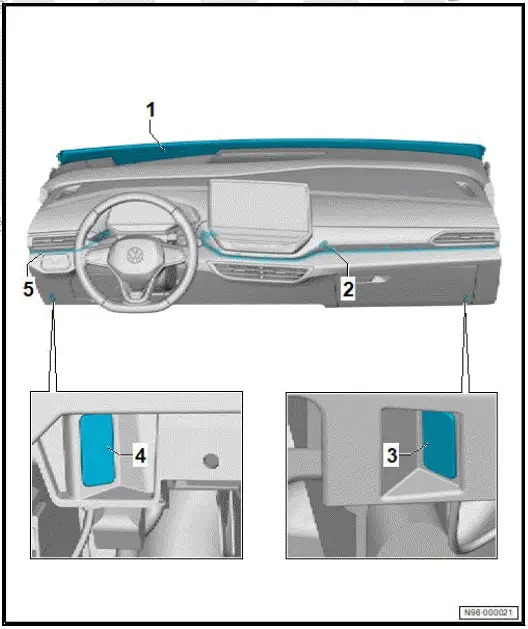 Volkswagen ID.4. Overview of fitting locations - lights in dash panel